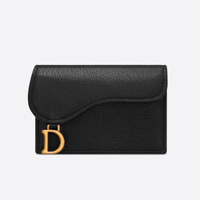 DIOR Saddle Flap Card Holder Black Leather Wallet