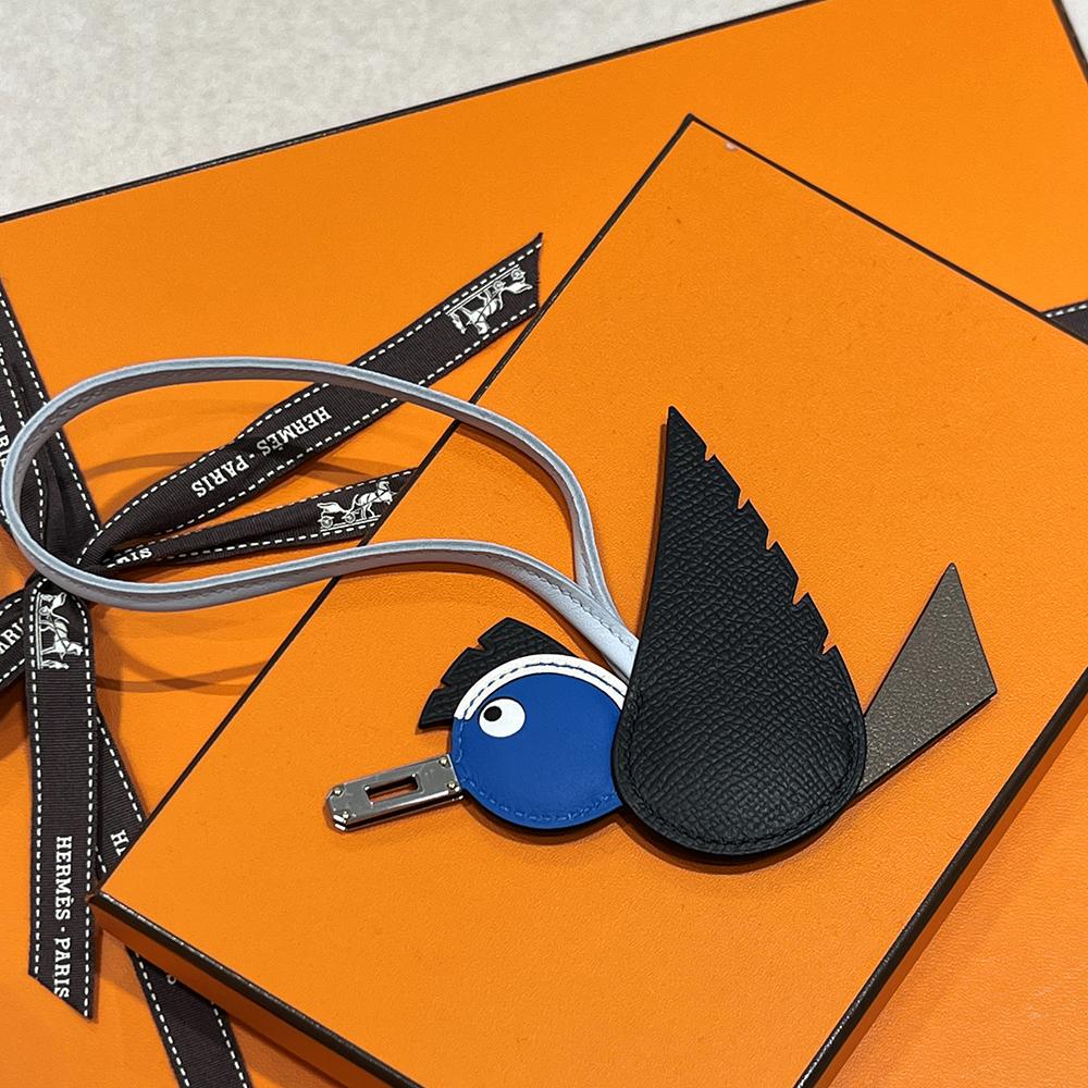 HERMES Buddy Charm Epsom Mysore Swift Milo Palladium Keyring Black Etoupe Blue