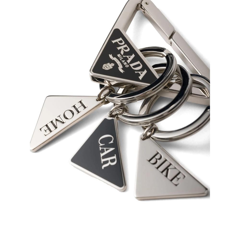 PRADA Triangle Logo Metal Keyring Black