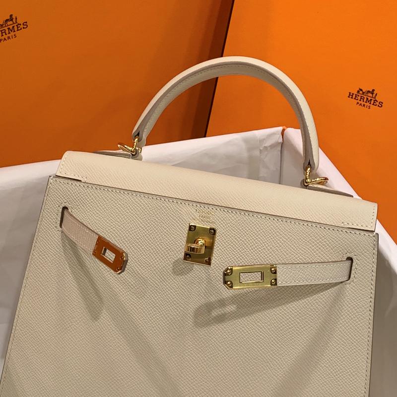 HERMES Epsom Leather Kelly 25 Ivory Shoulder Bag Gold Hardware