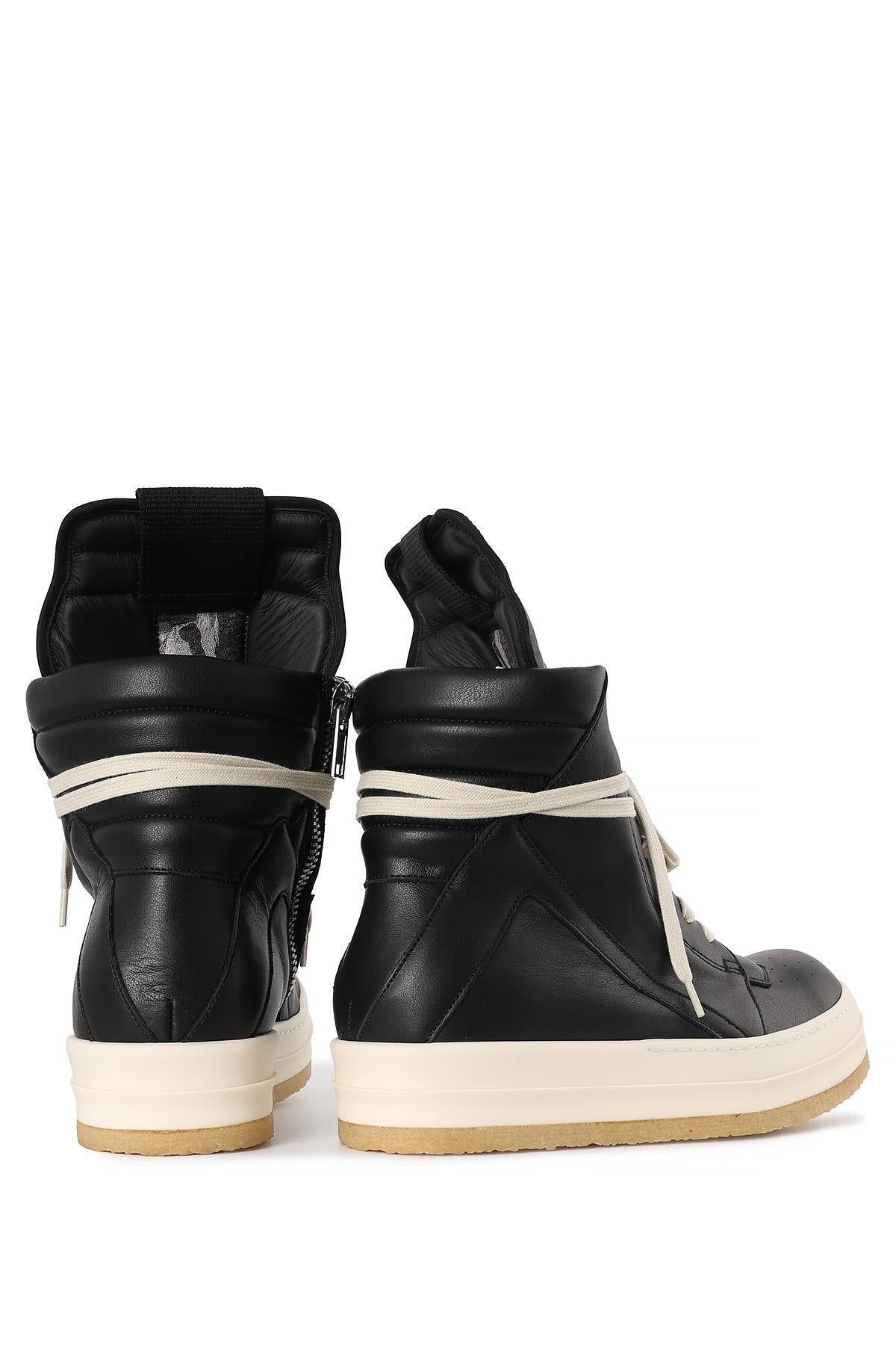 Rick Owens Black Milk Leather Geobasket High-Top Sneakers