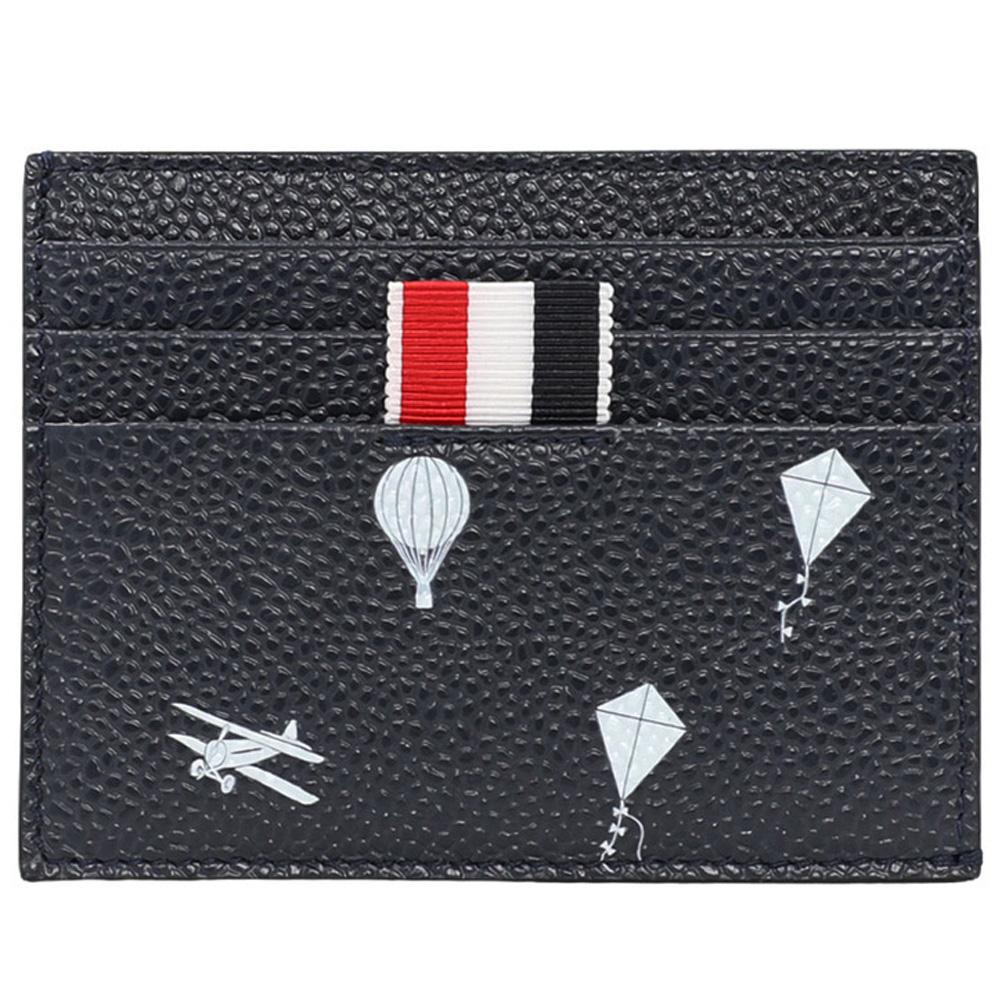 THOM BROWNE Icon Tricolor Stripe Leather Card Holder Navy