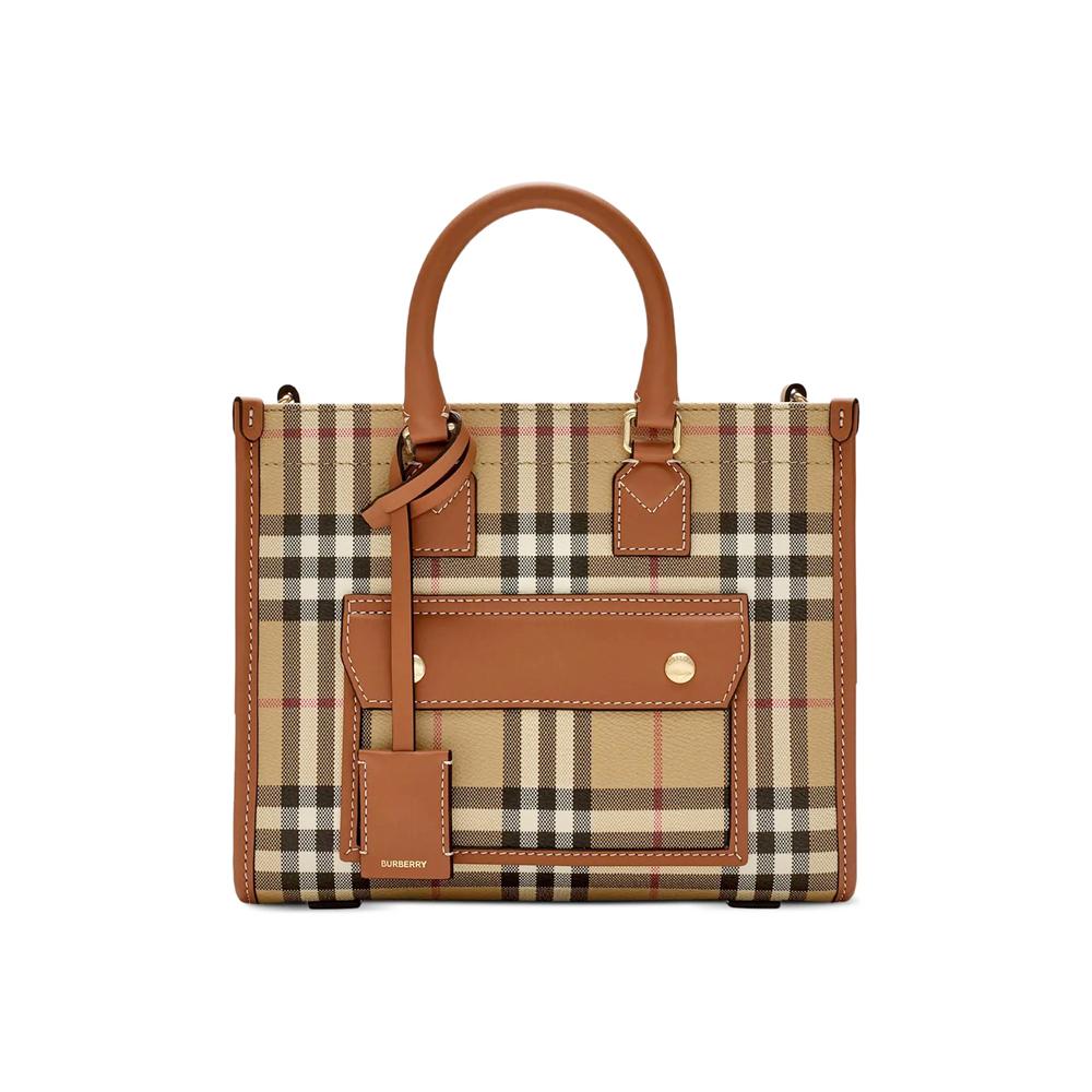 BURBERRY Mini Freya Vintage Check Tote Crossbody Bag Briar Brown 8109793