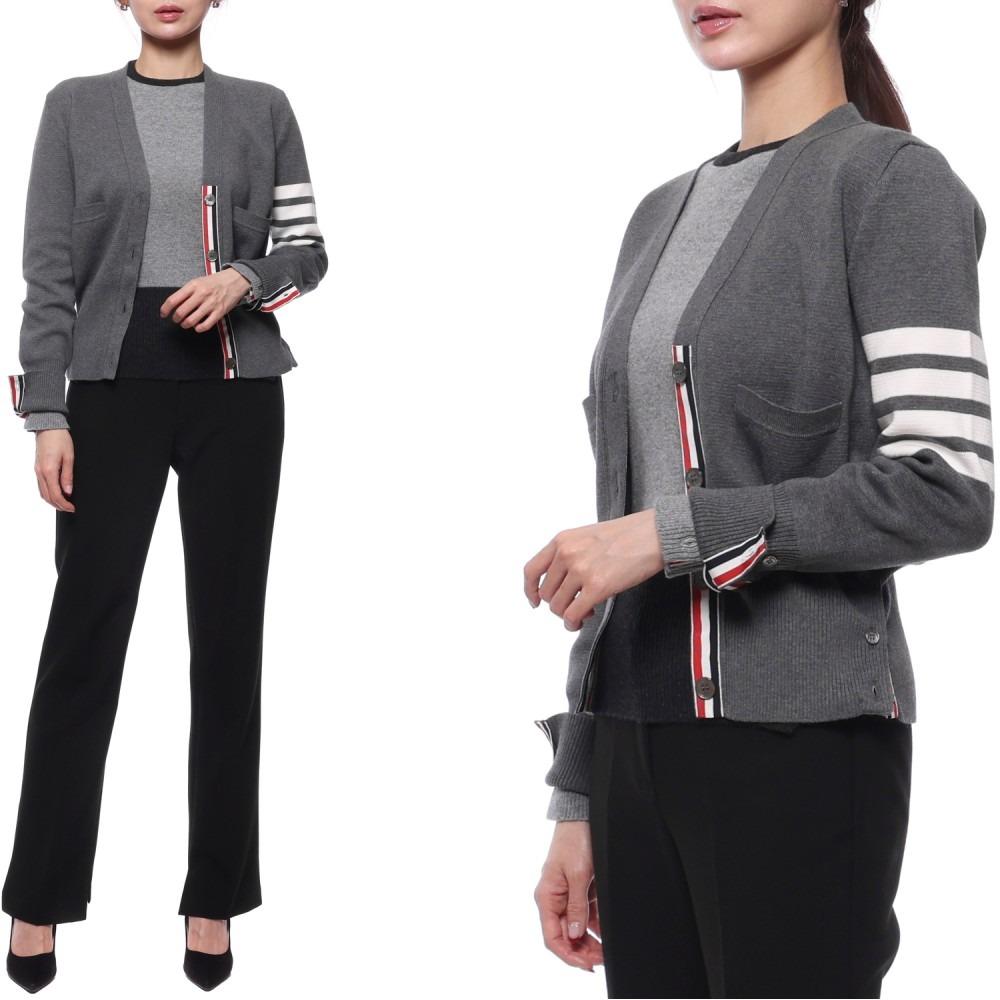 THOM BROWNE Women’s 4-Bar Stripe Milano Stitch Gray Cardigan