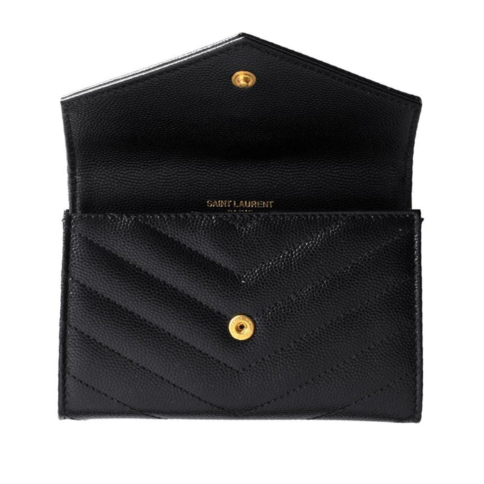 Saint Laurent Black Leather Compact Wallet with Gold Logo Card Holder