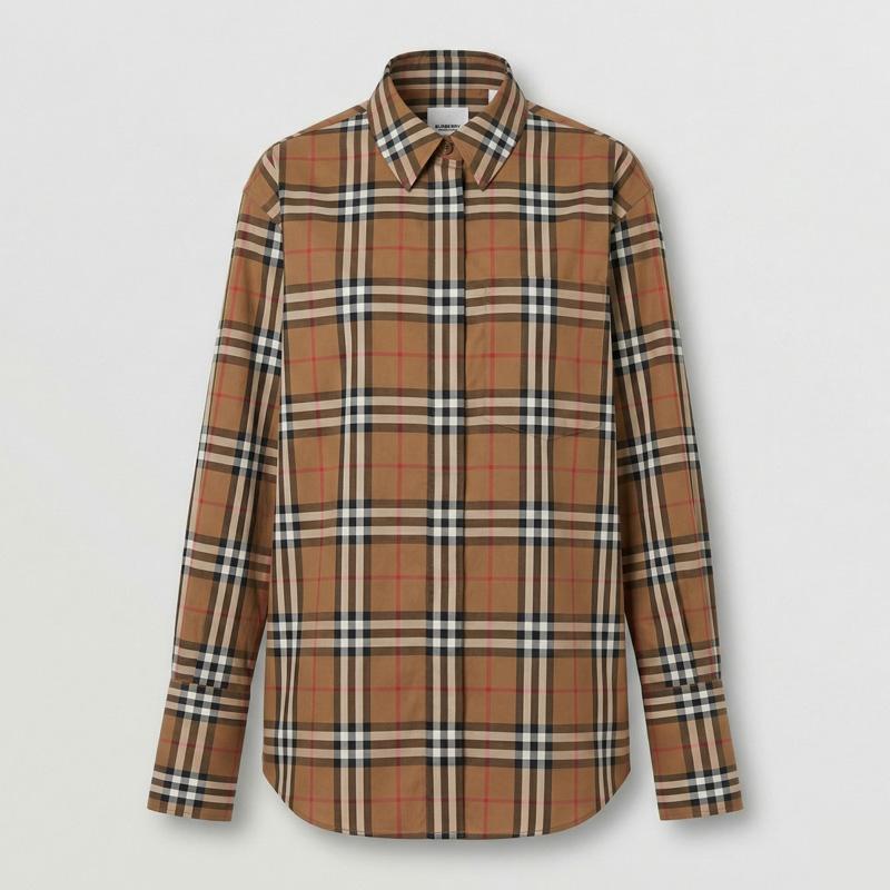 BURBERRY Ivory Check Cotton Shirt Brown Women’s Blouse