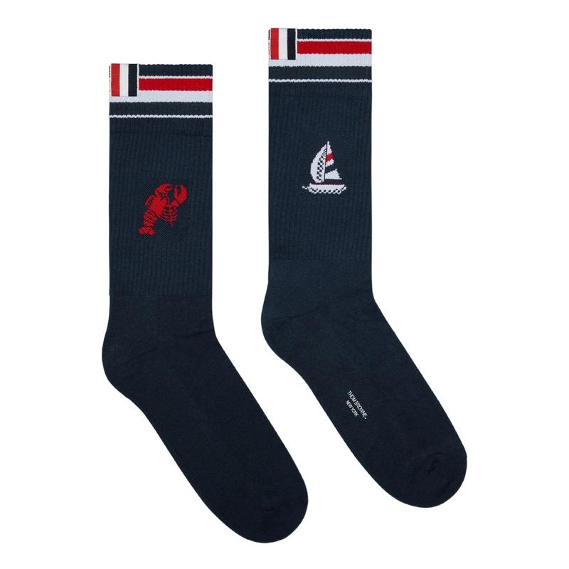 THOM BROWNE Lobster Sailboat Athletic Socks Navy White Cotton Men