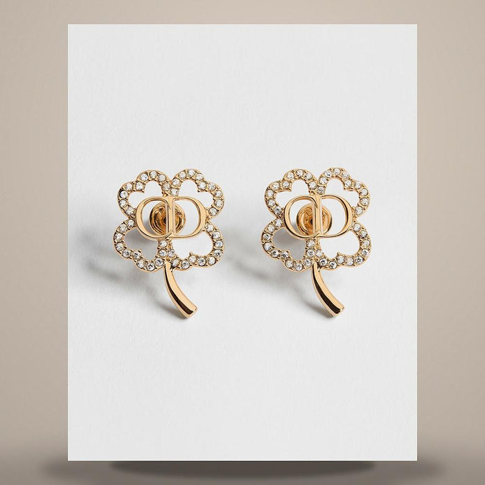 DIOR Shiny Clover Earrings Gold-Finish Metal Crystal Jewelry E4846WOMCY D319