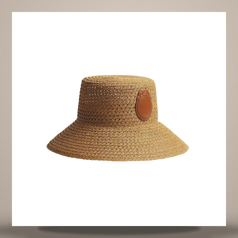 DIOR Natural Straw Wide Brim Cap with Lambskin Medallion CPB09243ESTR C100