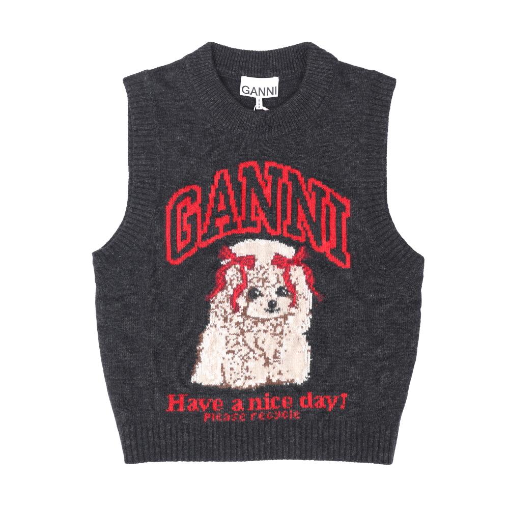 GANNI Wool Blend Logo Sleeveless Knit Vest Women A1070044 052