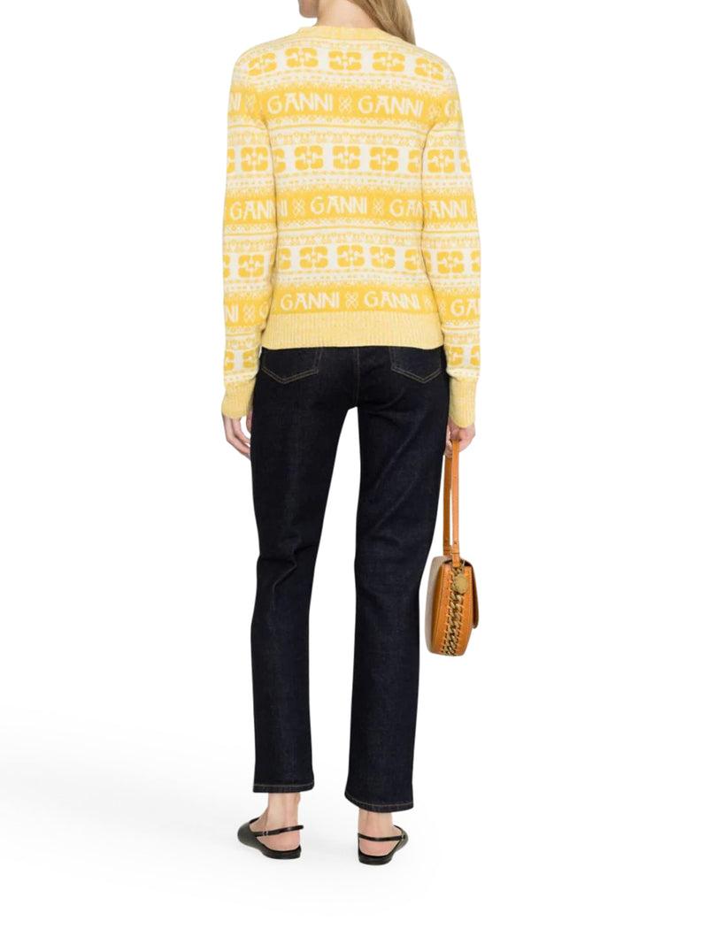 GANNI Women’s Logo Wool V-Neck Cardigan Yellow