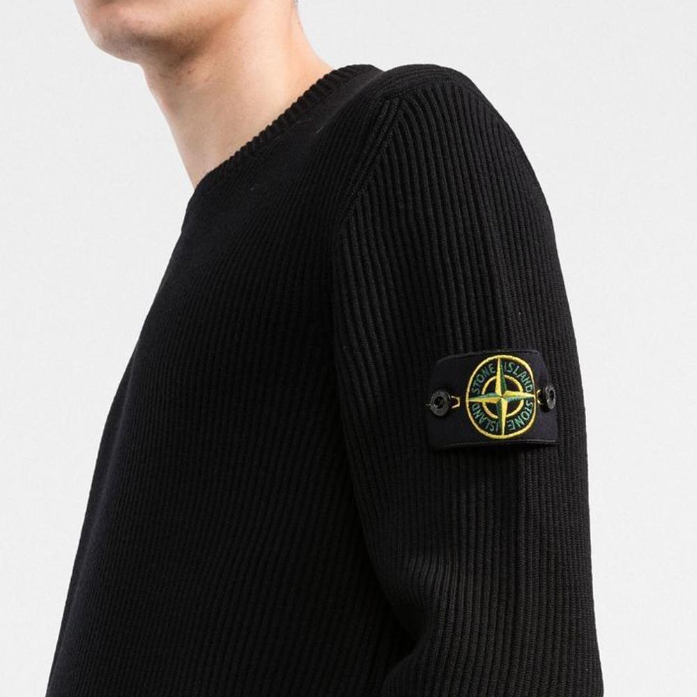 STONE ISLAND Black Ribbed Wool Crewneck Knit Sweater 7715553C2 V0029