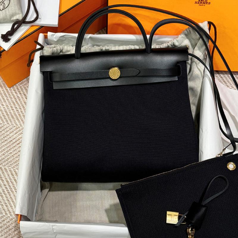 HERMES Black Canvas Herbag Shoulder Tote Gold-Tone Hardware Tote Bag 31