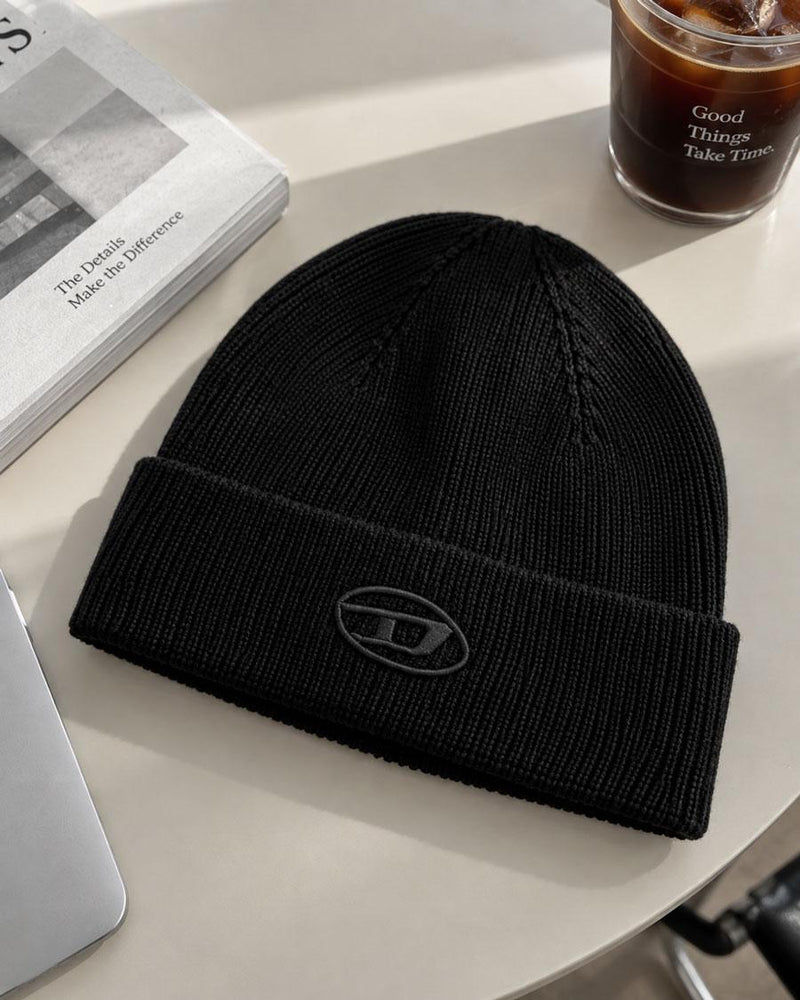 DIESEL Black Beanie with D Embroidery Knit Cap for Men
