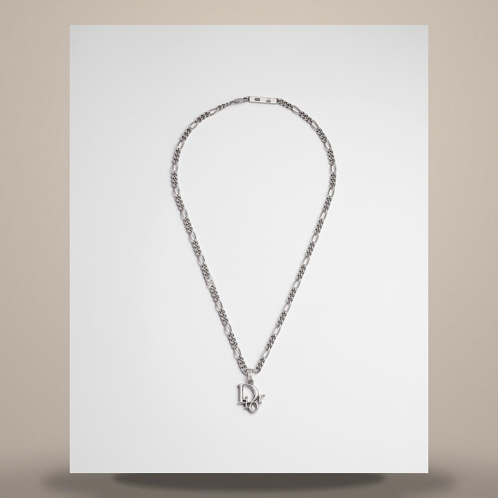 DIOR Silver Chain Link Logo Charm Necklace N3798HOMST D990