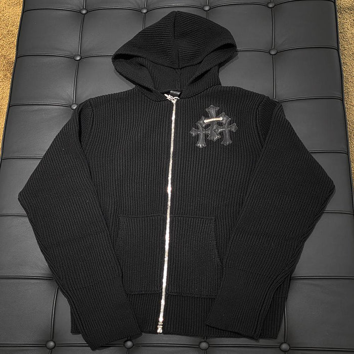 Chrome Hearts Cemetery Patch Black Knit Hooded Zip-Up Sweater