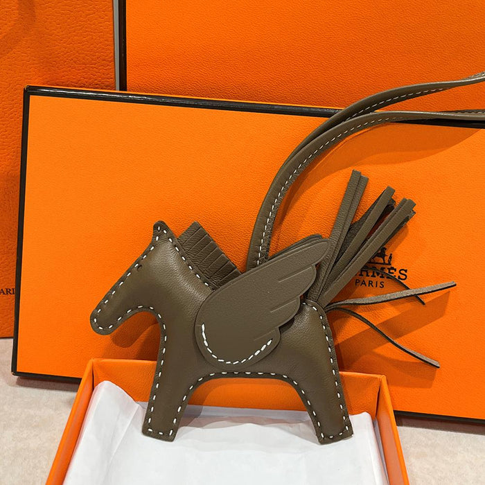 HERMES Rodeo Pegasus PM Charm Etoupe White Stitch Calfskin Lambskin Keyring