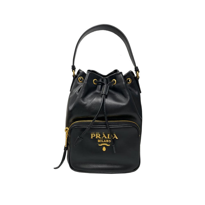 PRADA Black Vitello Leather Bucket Bag with Gold Logo Tote