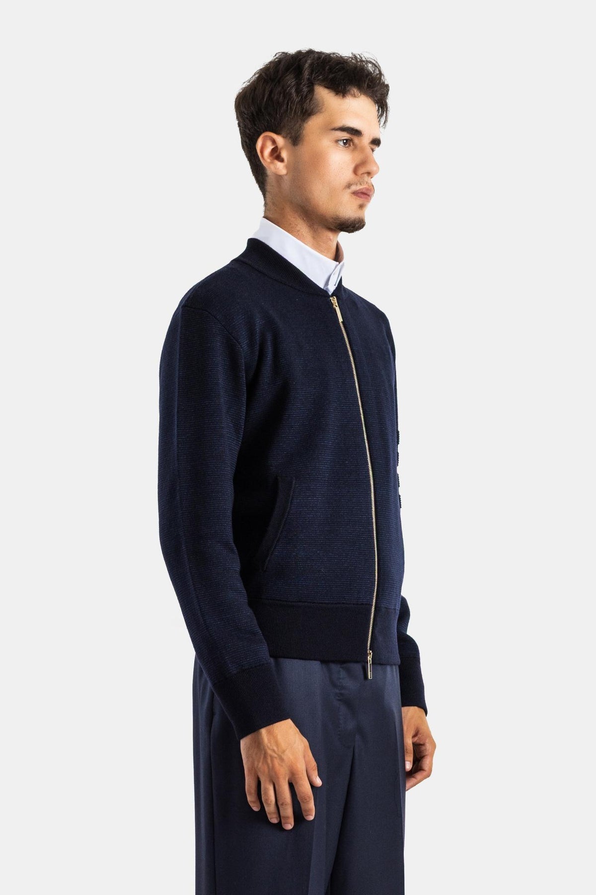THOM BROWNE Navy Wool Cashmere Zip-Up Cardigan