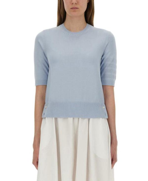 THOM BROWNE Jersey Stitch Pointelle 4-Bar T-Shirt Navy Women