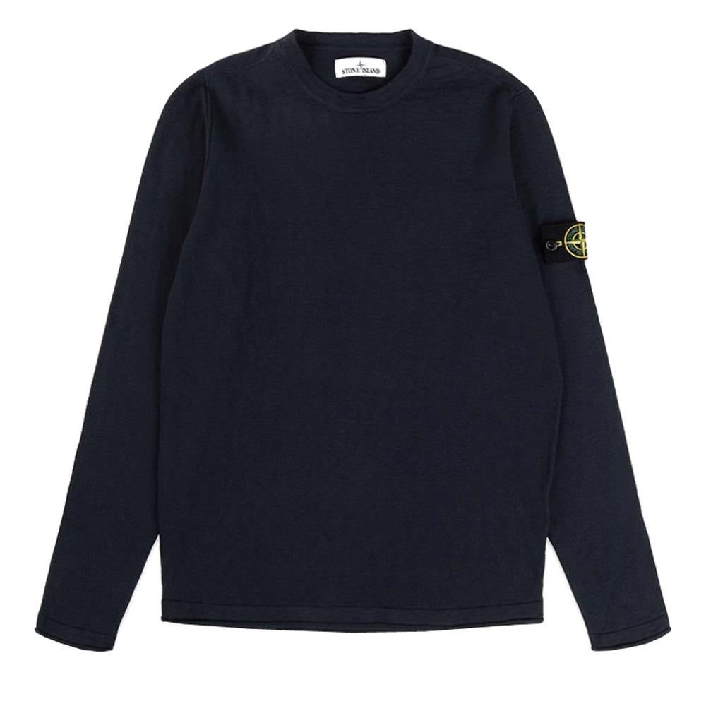STONE ISLAND Navy Round Neck Knit Sweater with Badge Patch