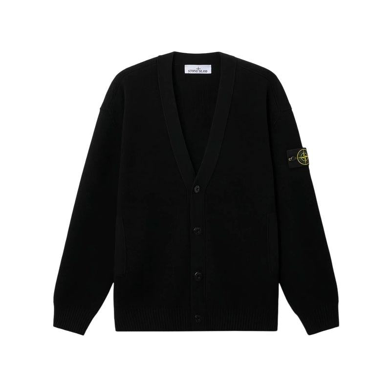 STONE ISLAND RWS Pure Wool Loose Fit V-Neck Cardigan with Pockets Black