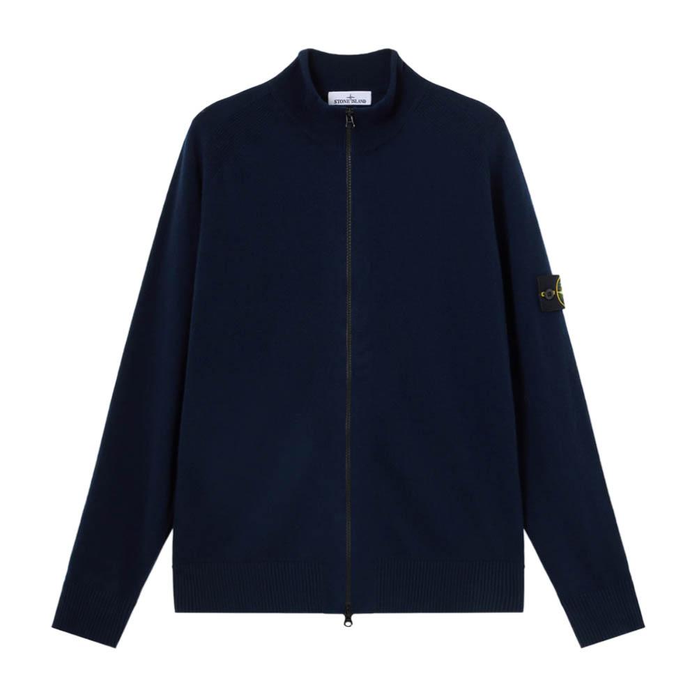 STONE ISLAND Woven Badge Wool Zip-Up Cardigan Navy Men's