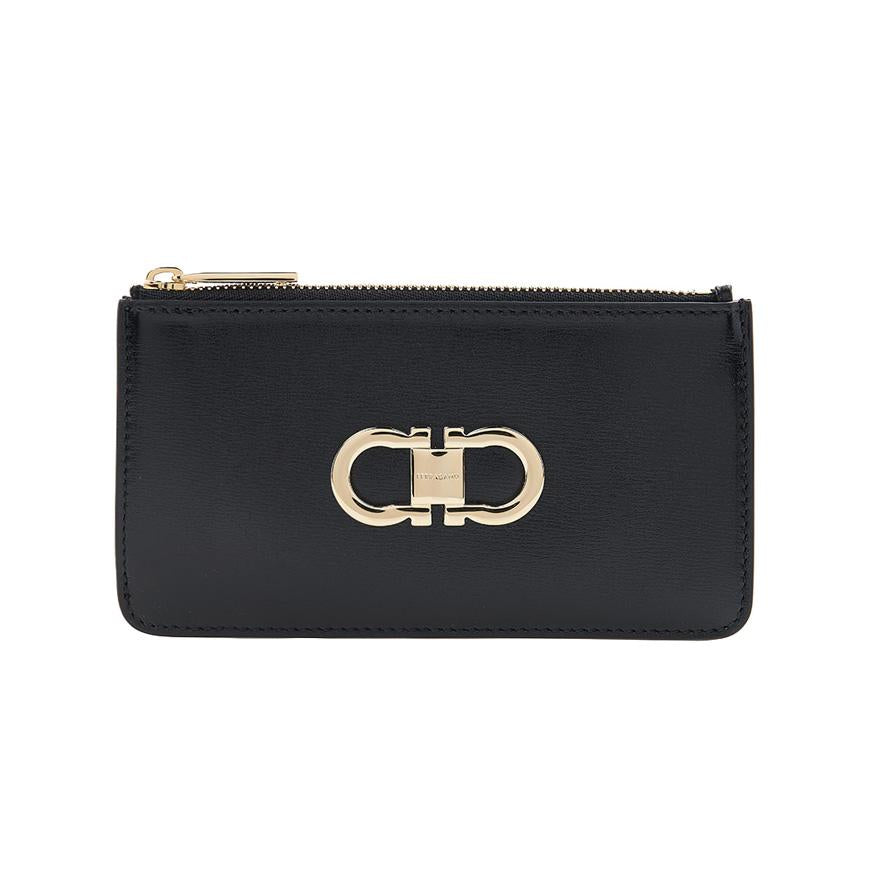 Ferragamo Gancini Leather Bifold Card Holder Black Red Women’s
