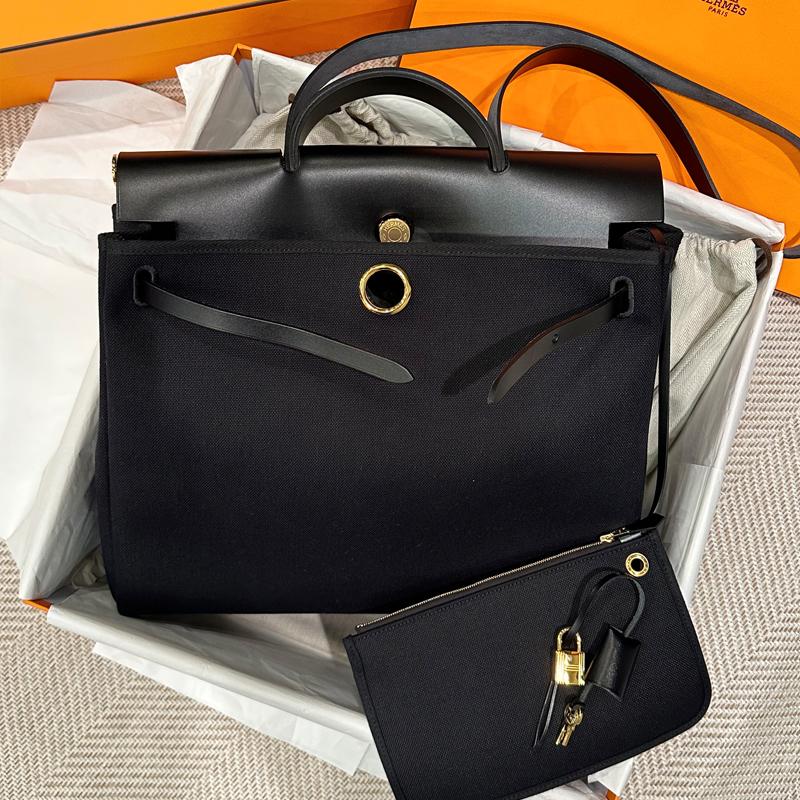 HERMES Black Canvas Herbag 39 Shoulder Tote Bag Gold Hardware