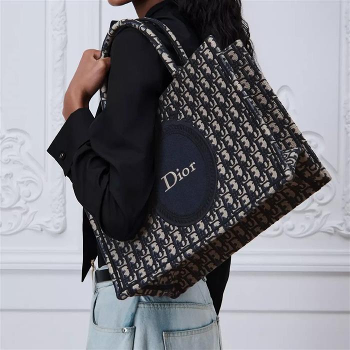 DIOR Book Tote Strap Bag Medium Shoulder Bag Navy Canvas