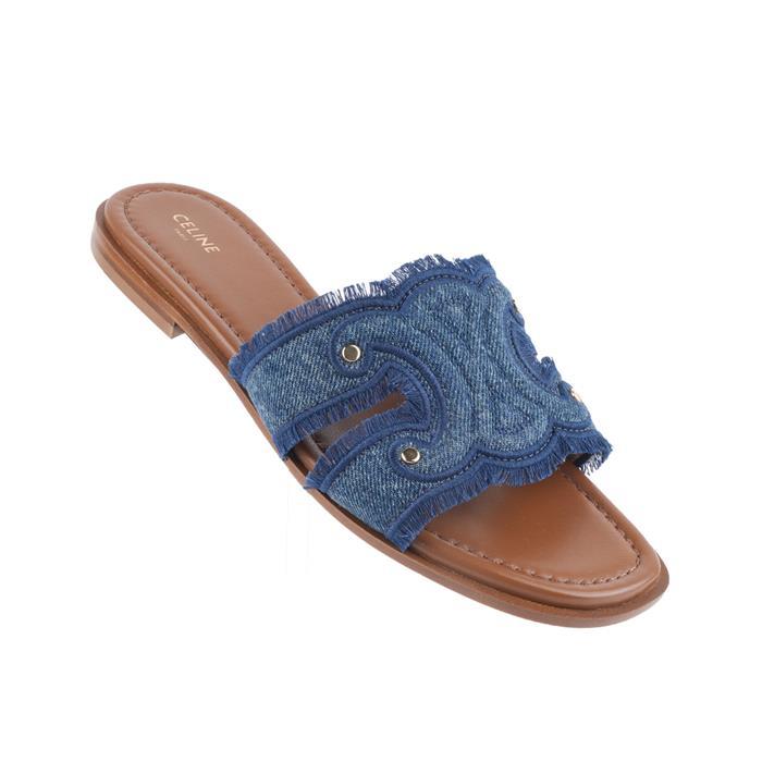 CELINE Denim Marina Fringe Mules Sandals