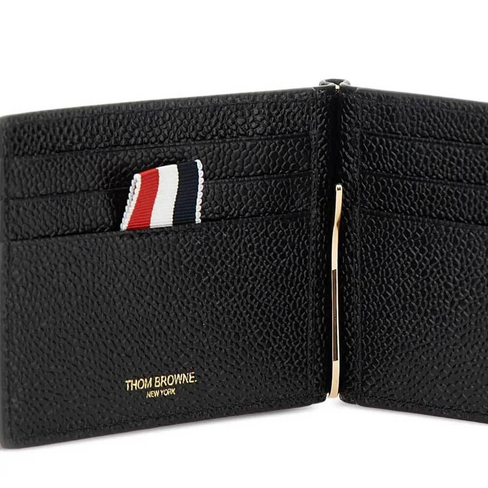 THOM BROWNE Pebble Grain Leather Money Clip Bifold Wallet Black