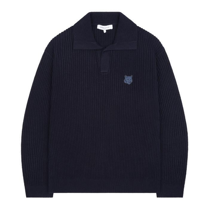 Maison Kitsune Fox Head Cotton Rib Polo Cardigan Jumper Navy