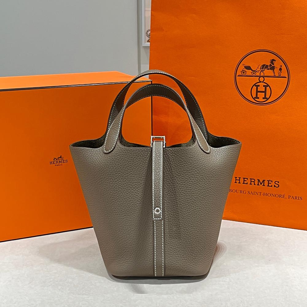 HERMES Clemence Picotin Lock 18 Tote Bag Etoupe Palladium Hardware