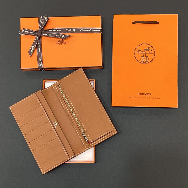 HERMES Gold Brown Calfskin Citizen Twill Long Wallet Unisex