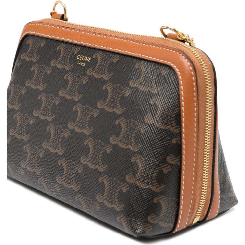 CELINE Triomphe Logo Canvas Lambskin Chain Clutch Bag Navy