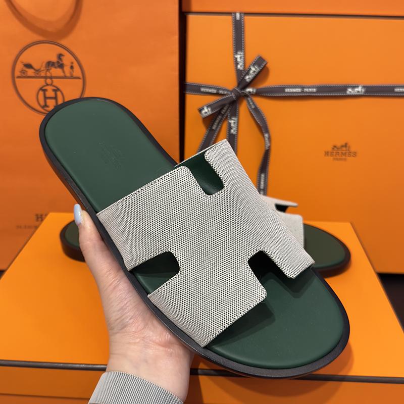 HERMES Izmir Calfskin Fabric Two-Tone Green Sandals for Men