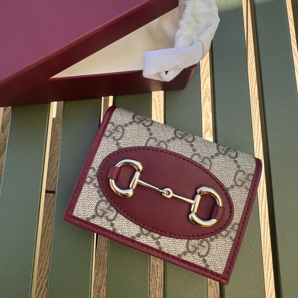 GUCCI Horsebit 1955 Beige Ancora Red Leather Card Case Wallet 621887