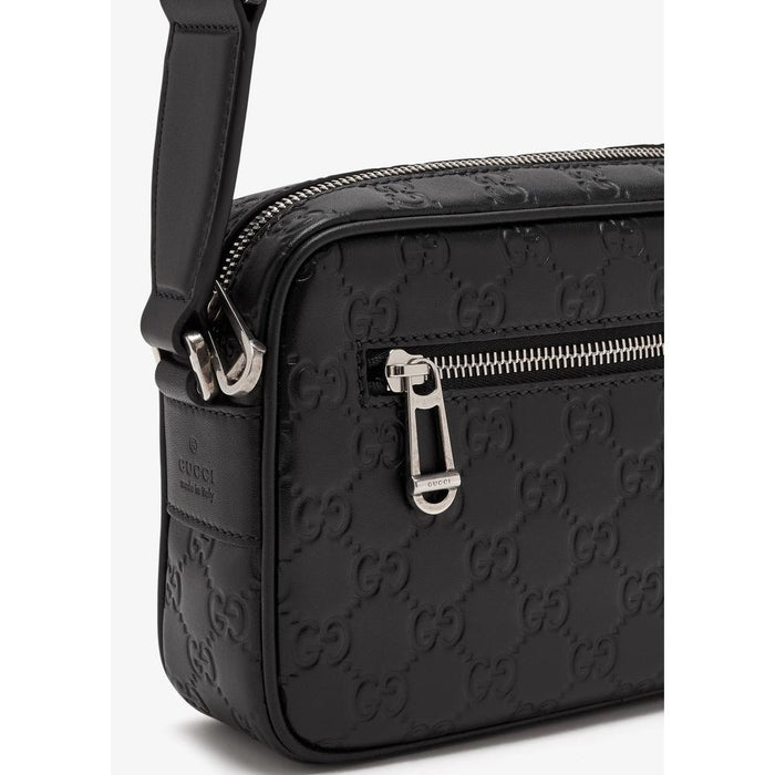 GUCCI GG Emblem Leather Crossbody Bag Black