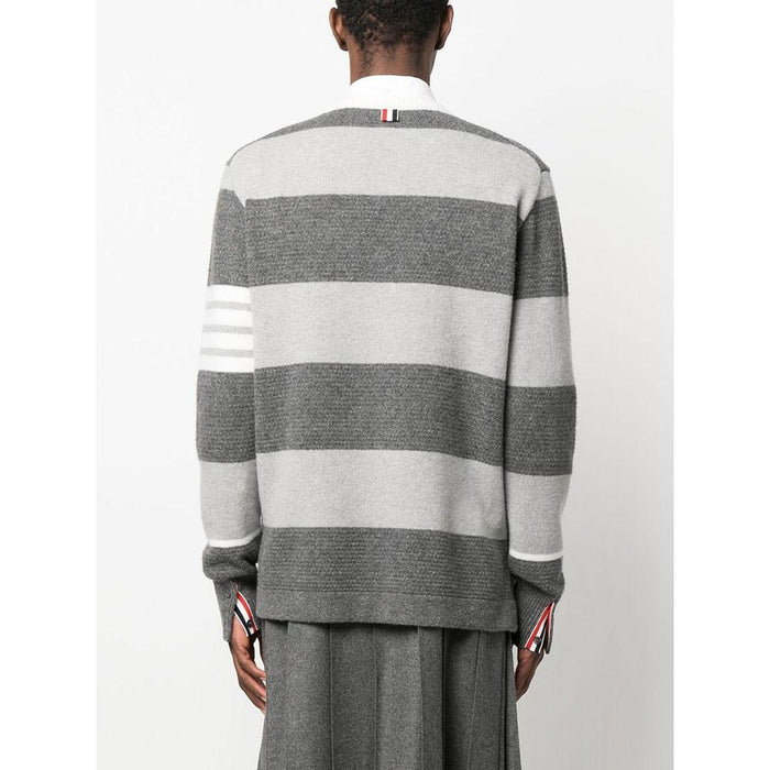 THOM BROWNE Tonal Grey 4-Bar Rugby Stripe Wool Crewneck Sweater