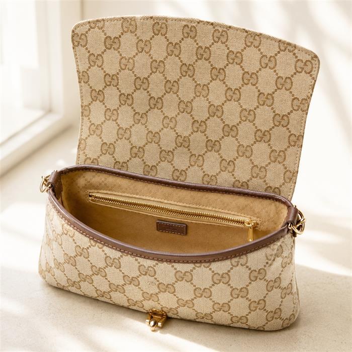 GUCCI Aperitivo Medium Shoulder Bag Beige Canvas Leather Trim