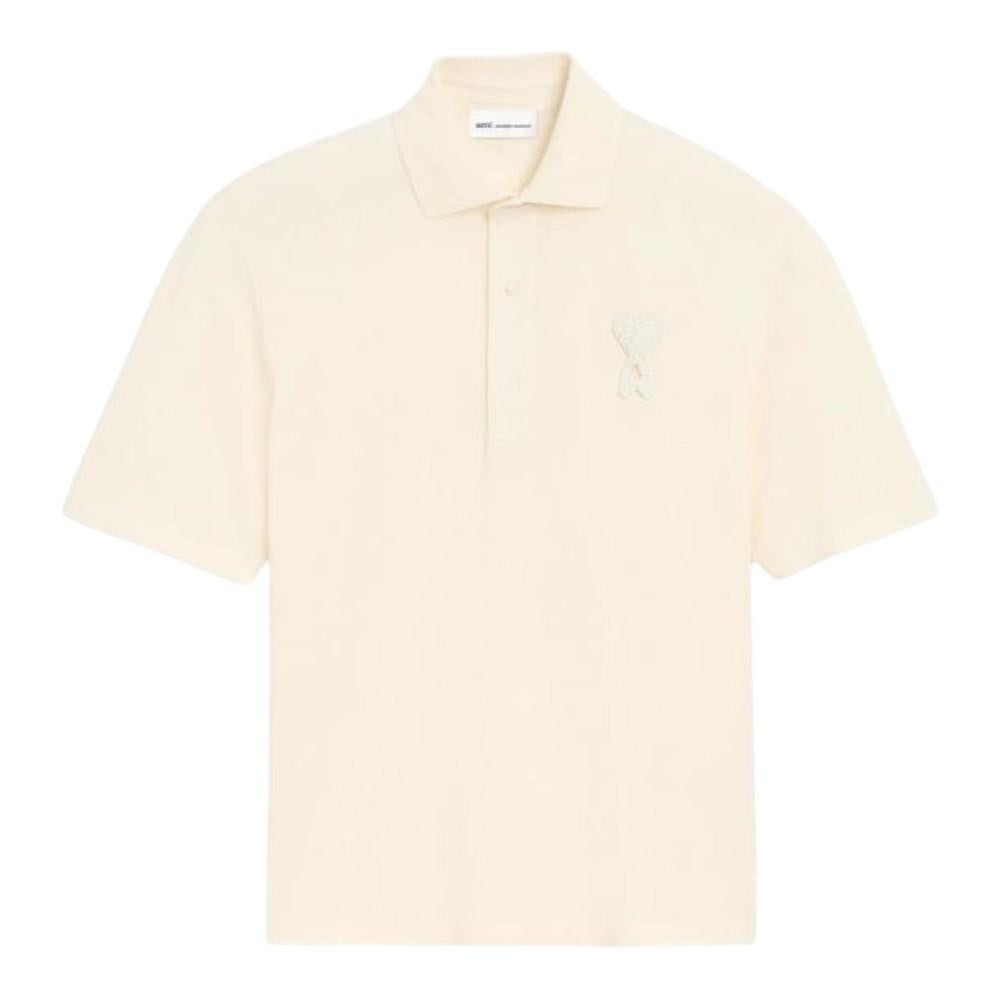 AMI Tonal Heart Logo White Cotton Patch Polo Shirt White Cream