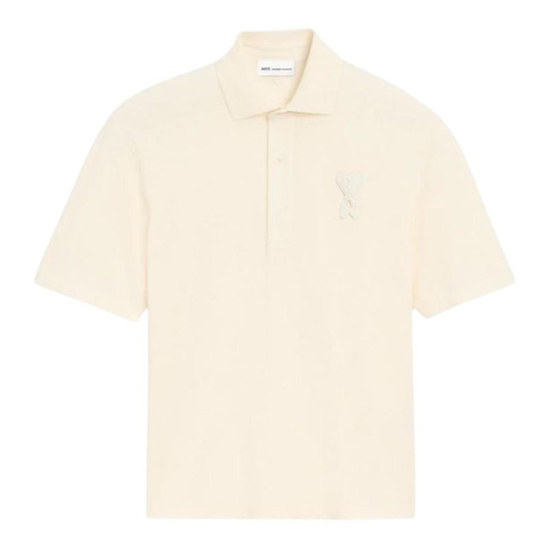 AMI Tonal Heart Logo White Cotton Patch Polo Shirt White Cream