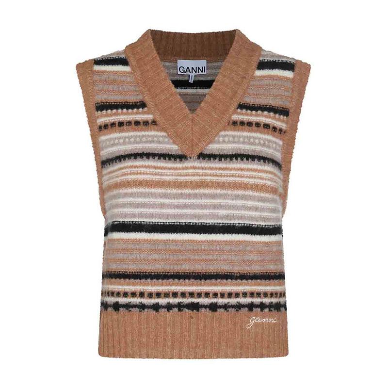 GANNI Logo Wool Blend Knit Vest Brown