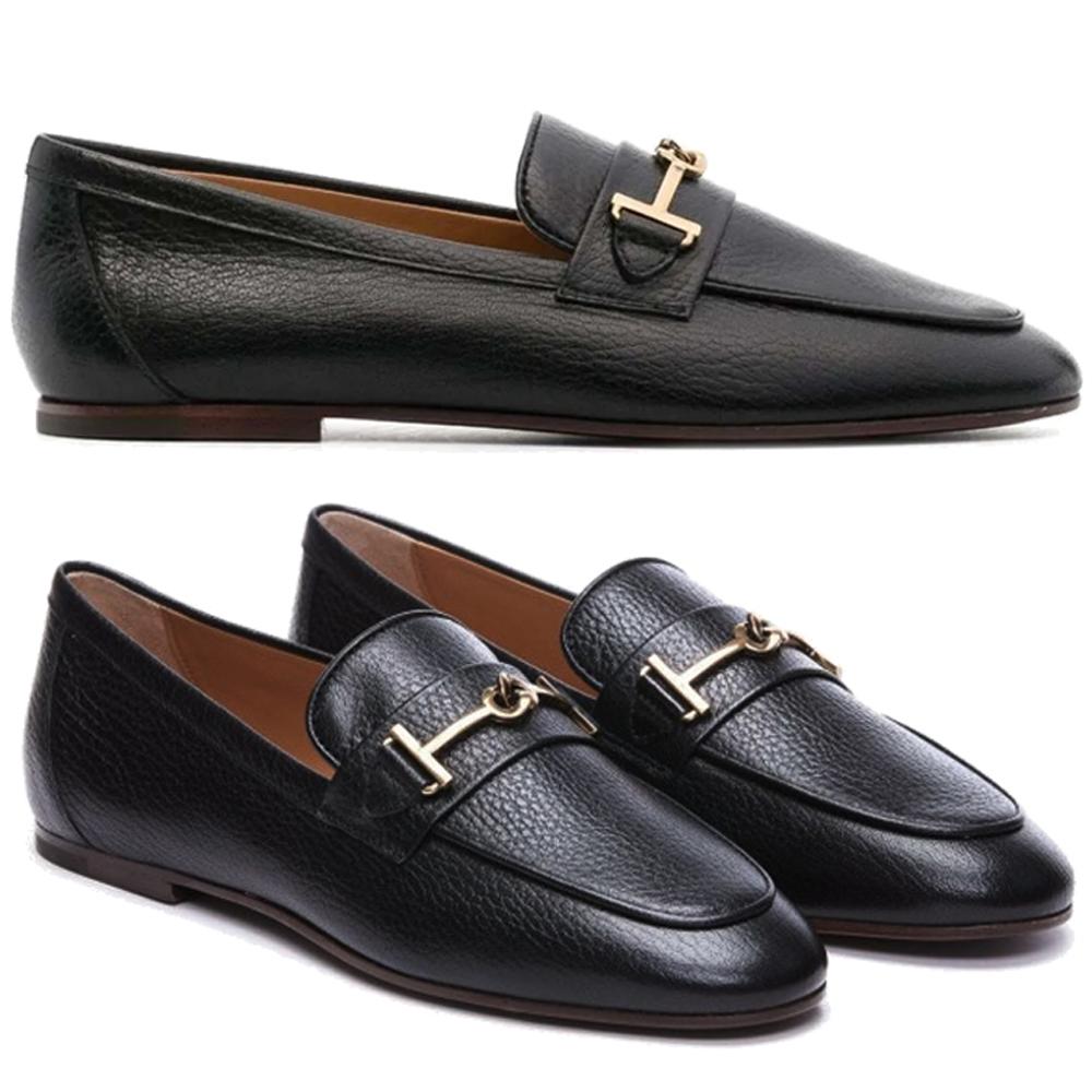 Tods Gold Logo Leather Loafers Black Women’s