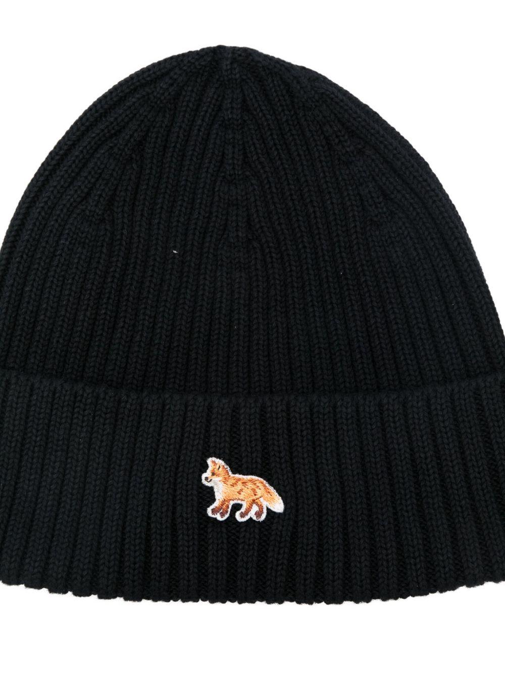 Maison Kitsune Rib Knit Beanie Hat Black Wool Men’s