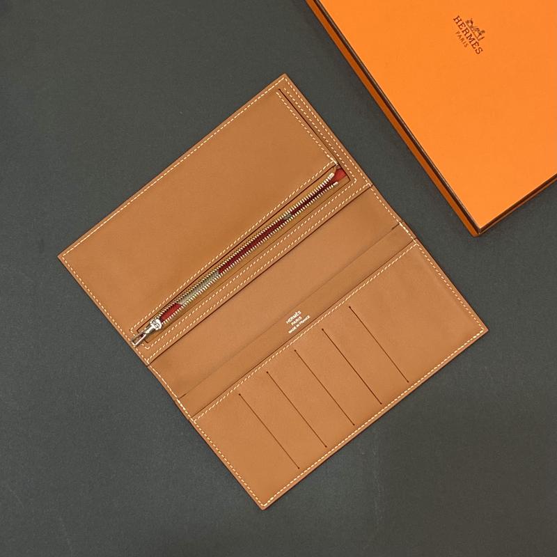 HERMES Gold Brown Calfskin Citizen Twill Long Wallet Unisex