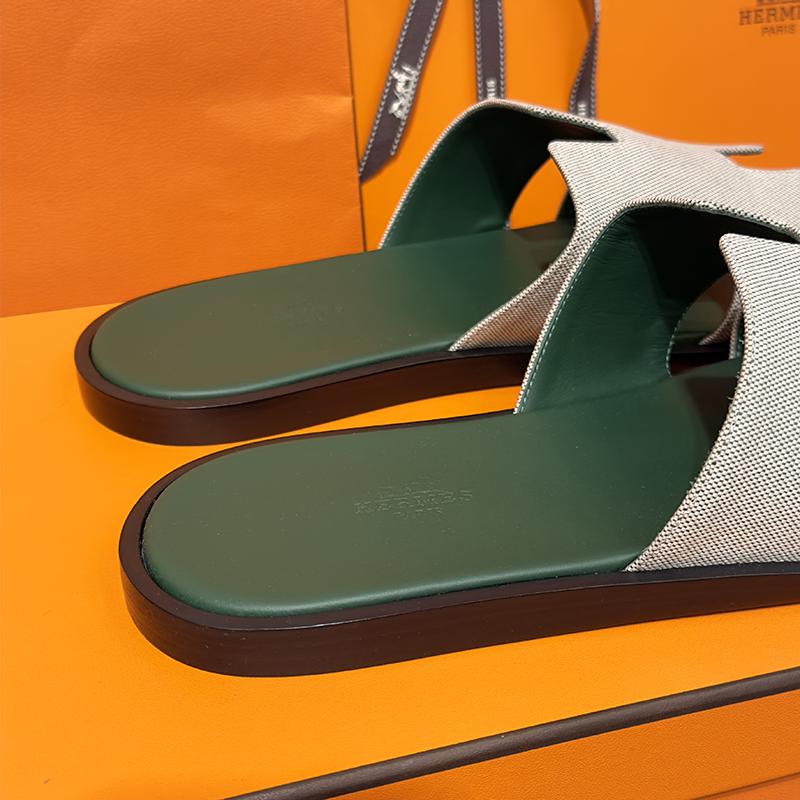 HERMES Izmir Calfskin Fabric Two-Tone Green Sandals for Men