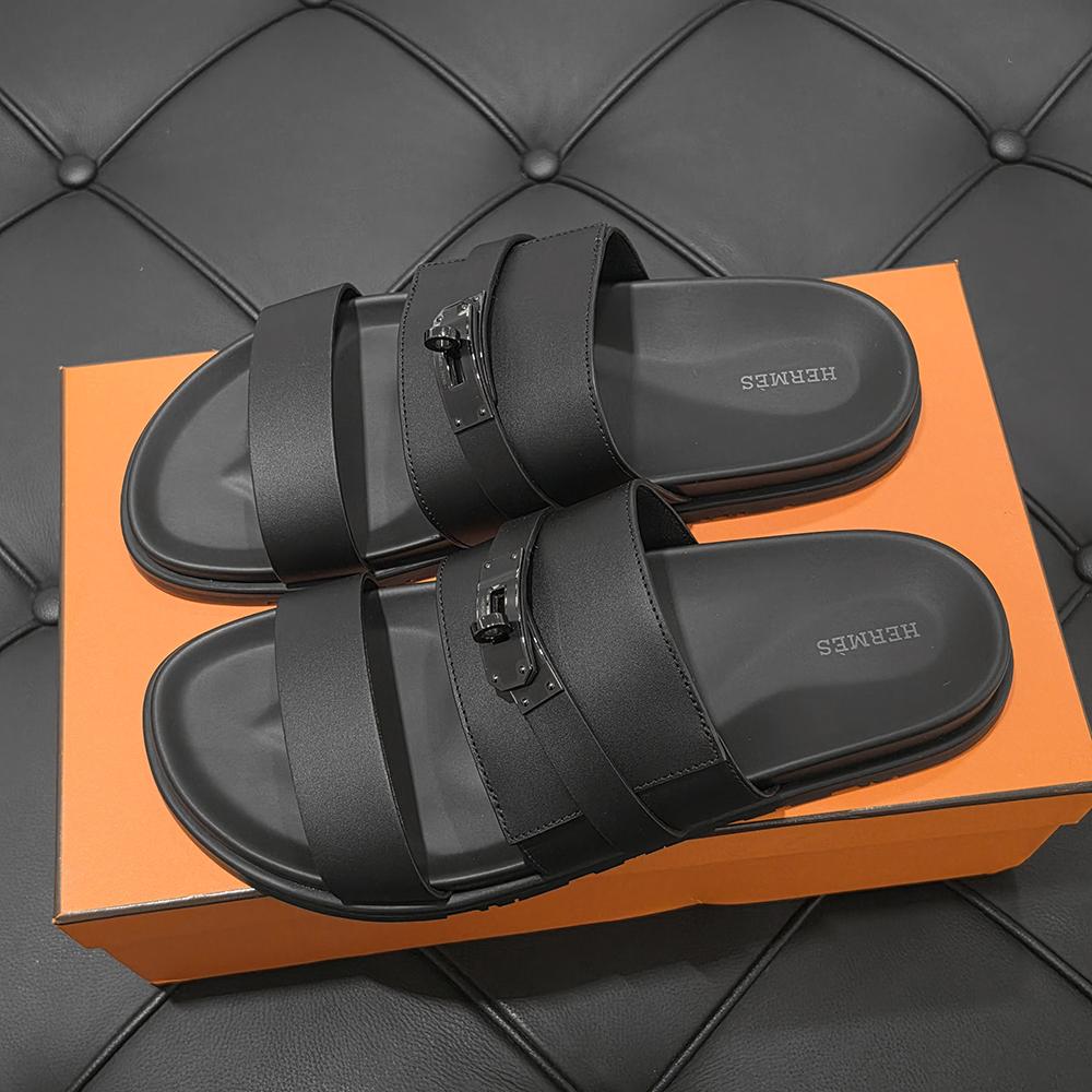 HERMES So Black Calfskin Jackson Sandals for Men