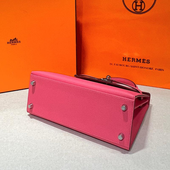 HERMES Kelly 25 Epsom Calfskin Shoulder Bag Pink Palladium Hardware